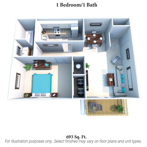 1 bed 1 bathroom floor plan A at Oakwood Apartments, Florence